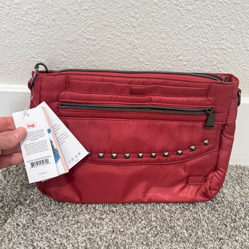 Lug Pacer 2 RFID Crossbody Bag in Rosewood Red Stud Detail Fall Travel Vacation